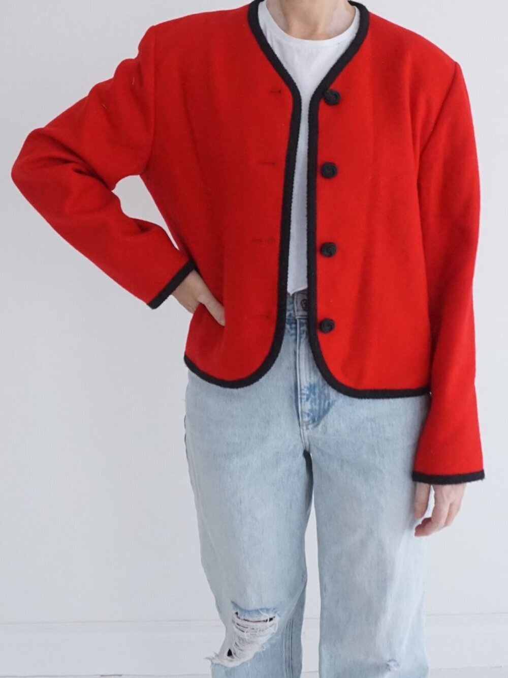Vintage Pendleton Red Black Trim Wool Button Jacket Structured Collarless 12